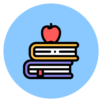 Farbiges Icon, das einen Stapel bunter Bücher mit einem roten Apfel obenauf zeigt.