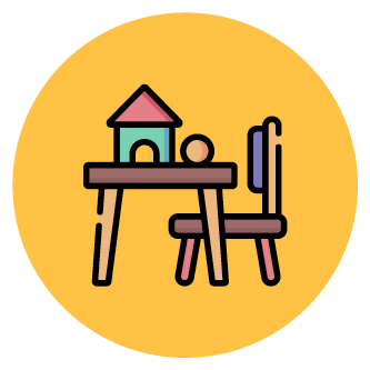 Symbol Unsere Kita Räumlichkeiten – Kita Loope Farbiges Icon, das einen kleinen hölzernen Kindertisch mit einem Stuhl zeigt.