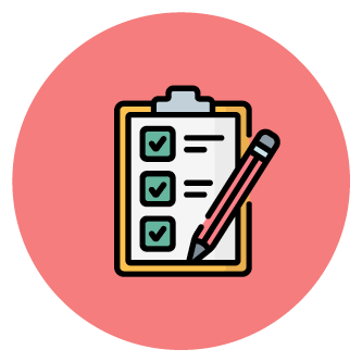 Symbol Kinderschutz Konzept – Kita Loope Farbiges Icon, das eine Checkliste mit abgehakten Punkten und einem Stift zeigt.