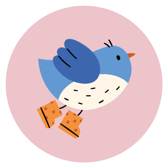 Illustration Spatzengruppe – Kita Loope Zeichnung eines niedlichen blauen Spatzes, der Gummistiefel an hat.