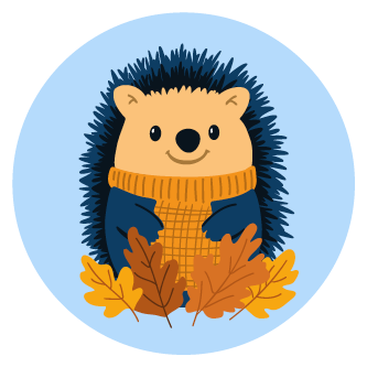 Illustration Igelgruppe – Kita Loope Zeichnung eines fröhlichen Igels inmitten von bunten Herbstblättern.